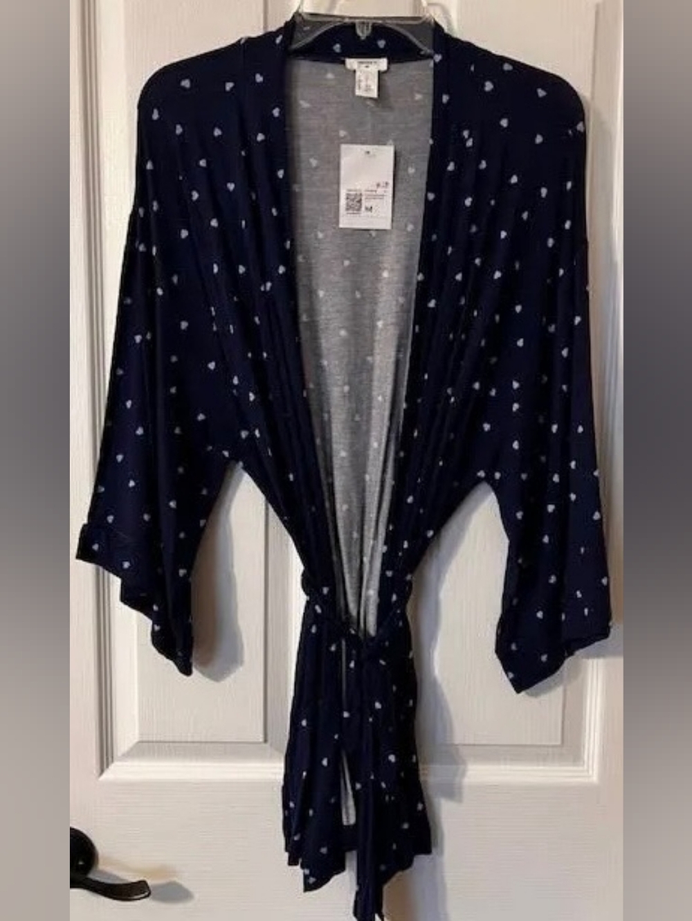 Sweet NWT Forever 21 Navy Blue Heart Print Short Kimono Robe, Sz S! 🍁